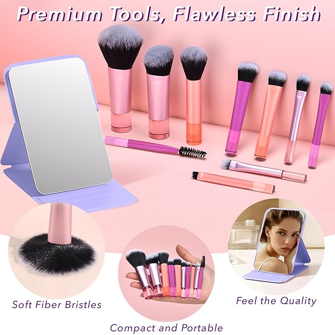 Travel Makeup Brush Set, 77Pcs Mini Makeup Kit Synthetic Foundation Concealers Eye Shadows Brushes Powder Puff with Eyelash Curler Eyebrow Razor Comb Mirror Hair Clips Cosmetic Bag (Purple)