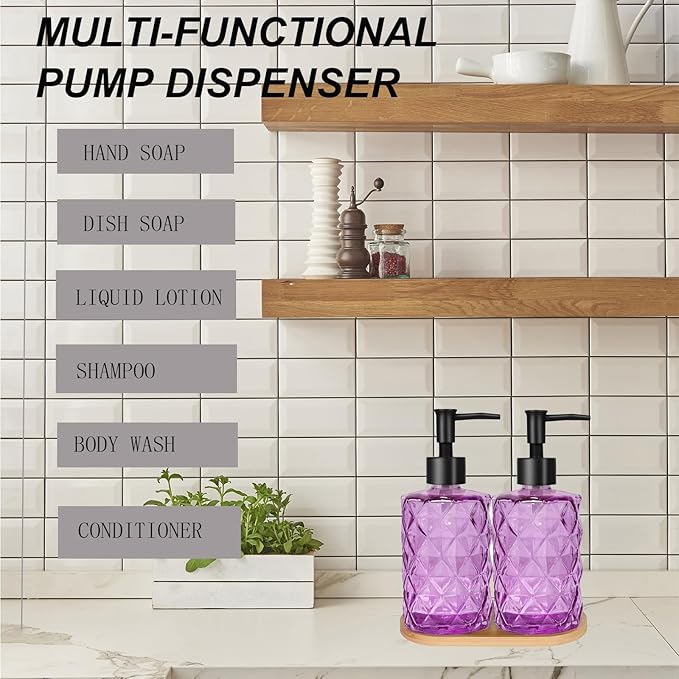 Glass Hand and Dish Soap Dispenser Set of 2 with Plastic Pumps, Bamboo Tray, 12oz Purple Bathroom Soap Dispenser with Diamond for Hand Wash & Dish Wash, Ideal for Bathroom Kitchen Countertop