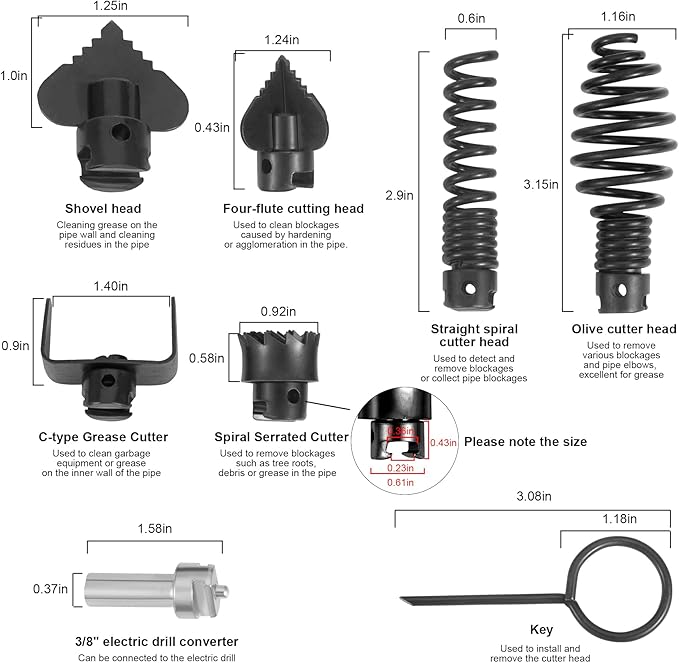 16mm Drain Cleaner Combination Cutter Head Set is drain auger drill attachment & drain snake drill attachment，Relioky 8pcs drain cleaning drum machine tool set for pipe drain cleaner machine,black