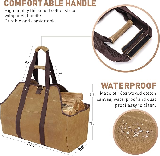 Waxed Canvas Log Carrier Tote Bag, Extra Large Durable Firewood Holder with Handles and Shoulder Strap, Heavy Duty Wood Carrying Bag for Fireplaces & Wood Stoves Khaki