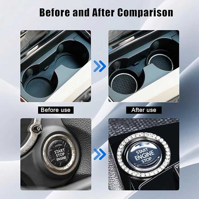 Bling Car Cup Holder Coaster, Anti-Slip Rhinestone Cup Holder Insert (4 Pack) with Push Start Button Ring (2 Pack), Shiny Diamond Car Interior Accessories, Universal for Most Vehicle (Black)