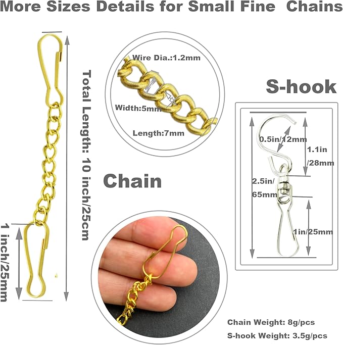 10 Pcs Fine Hanging Chain(1.2mm Dia.) Small Hang Bracket Decorative Replacement Link Chains Hooks for Sign Planter Bird Feeders,10 inch Long Gold Metal Chains and 5 Pcs Swivel S-Hooks