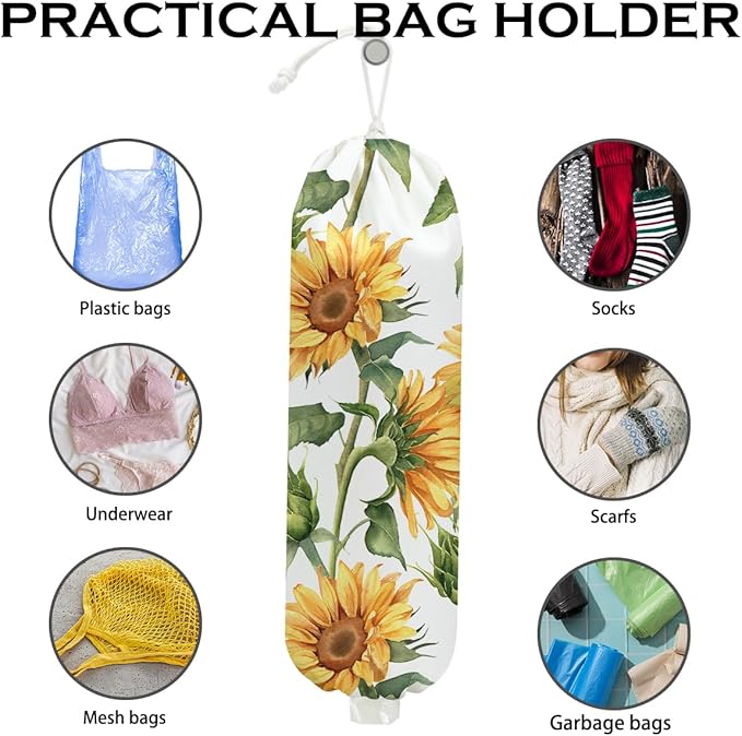 Sunflower Plastic Bag Holder for Kitchen Essentials, Wall Mount Grocery Bag Holder for Plastic Bags, Sunflower Reusable Shopping Bags Storage Dispenser for Home Kitchen Pantry, 22.5x9 Inch