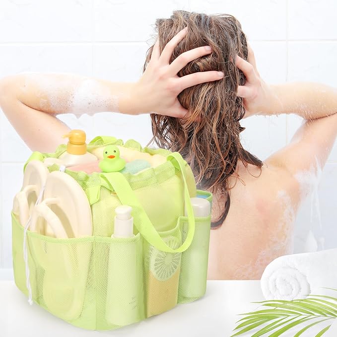 Mesh Shower Caddy Portable with Drawstring, Dorm Room Essentials for College Students Girls & Boys, Large Shower Bag for Camping, Swimming, Gym, Travel, Bathroom - Green