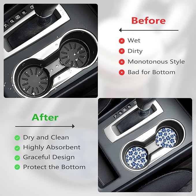 Car Cup Holder Coasters, 2 Pcs Ceramic Coasters with Cork Back and Finger Slot, Anti-Slip Shock Absorbing Women and Men Universal Car Accessories - Flower Hibiscus