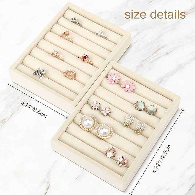 DesignSter Small Jewelry Tray-Ring Organizer 2PCS Premium Velvet Rings Earrings Display Tray Storage Insert Holder for Jewelry Box, Drawer, Dresser (8 Slots, Beige)