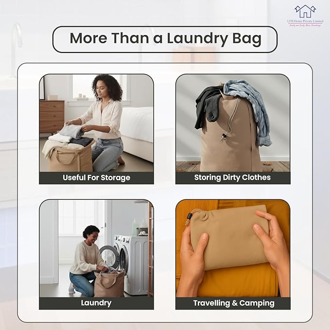 LFH Home Cotton Canvas Large Laundry Bag with Handle, Heavy Duty Drawstring Closure Washable Laundry Bags, for School Travel, Home, Hotel, College Dorm, Organizer Sack, Toys Clothes 28x40-Beige