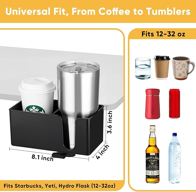 4-in-1 Clip On Desk Cup Holder - Adjustable Mountable Cup Holder with Divider & Rotating Hook - Large No Spill Clamp On Drink Holder Attachment - for Desk Chair Table Bed Tray - Black