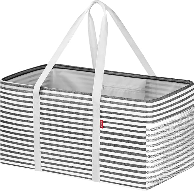 LHZK Standing Extra Large Utility Tote Bag with Metal Wire Frame and Reinforced Sides, Extra Large Tote Bag with Handle, Reusable Foldable Grocery Bag, Beach Bag, Car Tote, Black, 26''x15''x13''