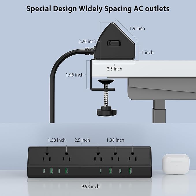Jgstkcity Desk Clamp Power Strip, 45W Fast Charging Station, 4 USB-C, 4 USB-A, Desk Mount Surge Protector, 1875W Extension Cord with Multiple Outlets, ETL Listed, for Home Office Dorm Room
