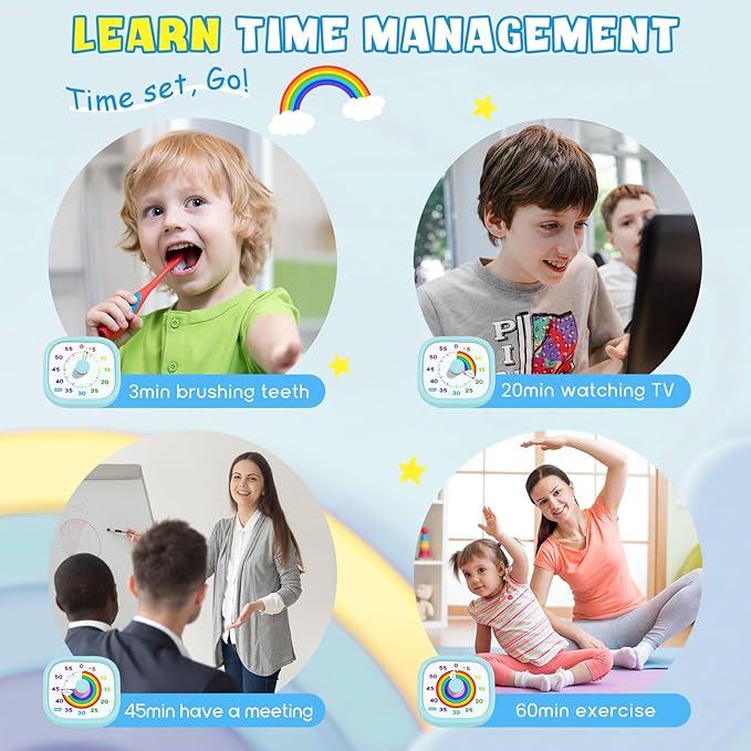 HIPPIH Visual Timer for Kids - 60 Minute Pomodoro Timers for Classroom Kitchen Office, Countdown Kids Timer Clock with Rainbow Disk, Desk Time Management Tool for Toddler with Silent Operation, Blue