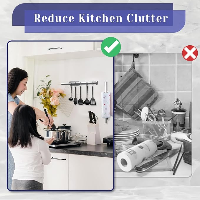 Paper Towel Holder, Self Adhesive or Drilling Paper Towel Holder Under Cabinet, Stainless Steel Paper Towel Holders Wall Mount for Kitchen, Bathroom, Sink, Pantry, Fridge (Sliver)