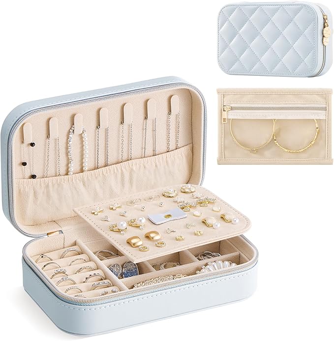 Lolalet Travel Jewelry Case for Women Girls, Travel Jewelry Organizer with Clear Storage Bag Small Portable Jewelry Box for Necklace Bracelet Earring Ring Valentine's Bridesmaid Gifts -Medium/Blue