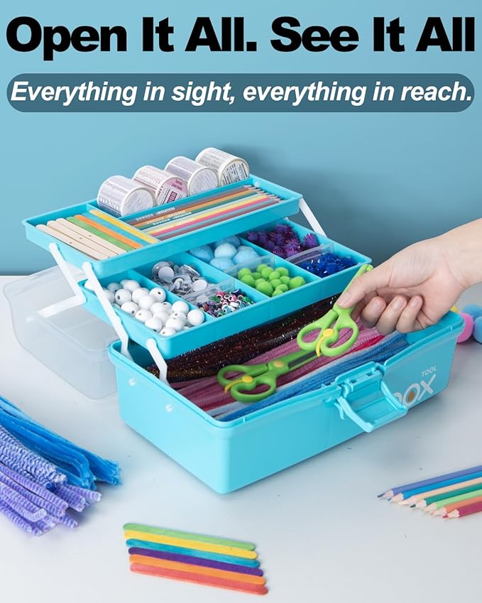 12in 3-Layer Plastic Craft Organizers and Storage, Portable Folding Tackle Box with Handle & Adjustable Dividers, Multipurpose Case for Sewing, Art Supplies, Medicine, Tools (Blue)