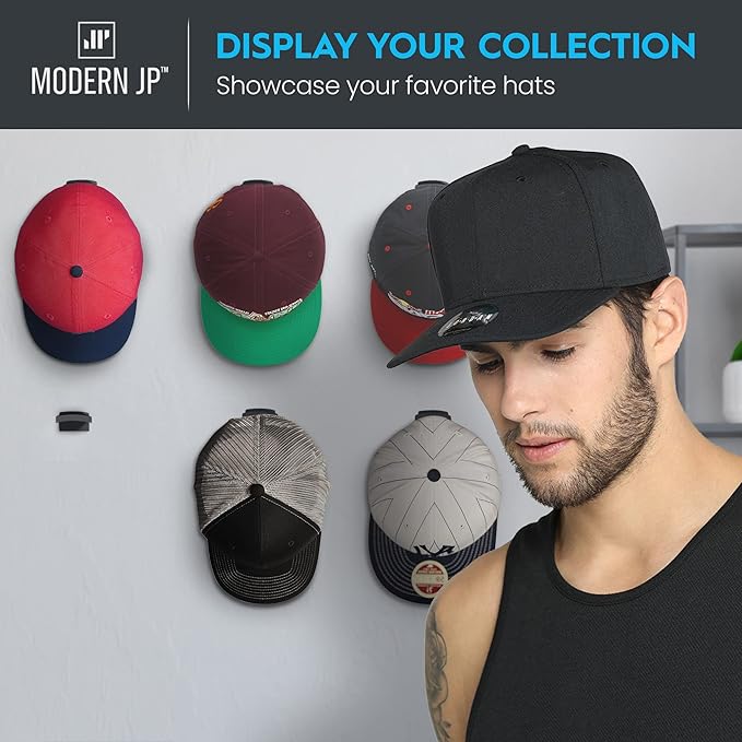 Modern JP Adhesive Hat Hooks for Wall (8-Pack) - Minimalist Hat Rack Design, No Drilling, Strong Hold Hat Hangers - USA Patented, Black
