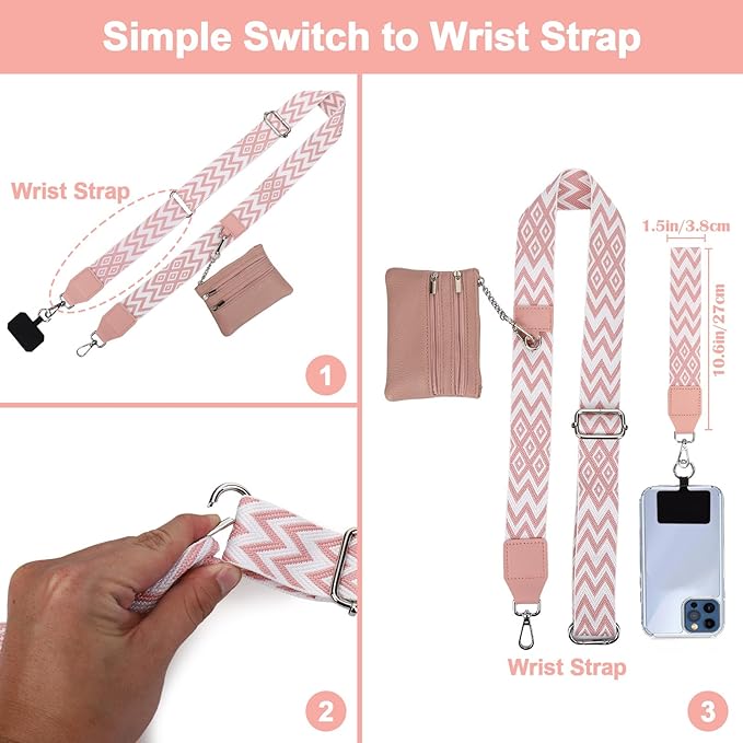 XANGNIER Clip and Go Strap for Phone with Wallet Crossbody, Phone Strap with Zippered Wallet, Adjustable Anti Theft Cellphone Lanyard for Women, Cellphone Chain Accessories, Multicolor 18