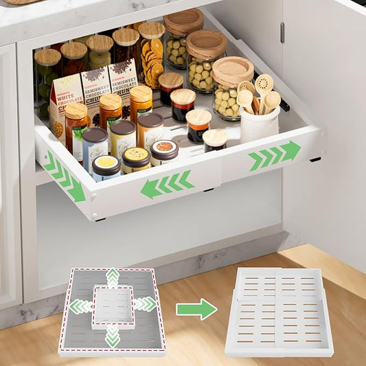 1 Pack Pull out Cabinet Organizer, Width (12"-19") Depth (17"-23"), with 3 Rails Adjustable Slide, Expandable Pullout Drawers for Cabinets, No Drill Adhesive Kitchen Drawers for Pantry Shelves