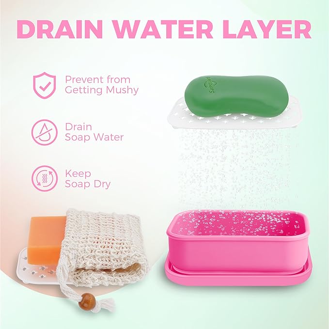 Silicone Soap Holder, Enhanced Leak-Proof Travel Soap Container with Draining Layer, Portable Bar Soap Holder, Soap Case with Soap Bag, Soap Dishes for Bathroom/Camping/Gym (Pink)