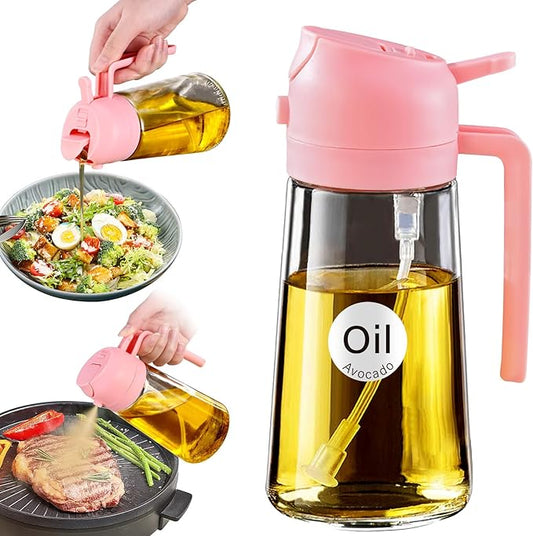 YARRAMATE 16oz/470ml Oil Sprayer for Cooking with Stickers, Food-grade Premium 2 in 1 Olive Oil Dispenser Bottle for Kitchen Gadgets, Air Fryer, Salad, Frying, BBQ (Pink)