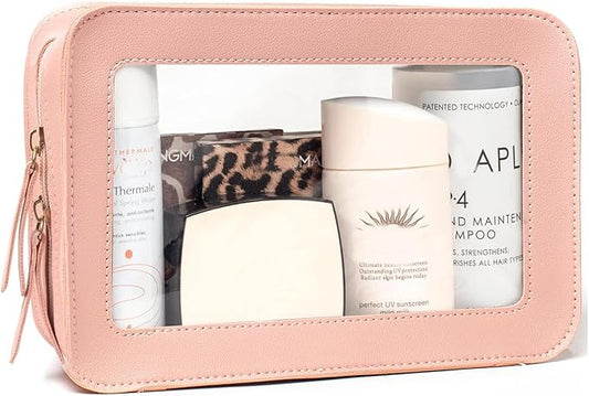 Clear Makeup Bag, Pink Travel Makeup Pouch Toiletry Bag for Women Waterproof Small Cosmetic Bag Case Small Make Up Bag with Zipper Car Organizer Car Essentials for Women Men