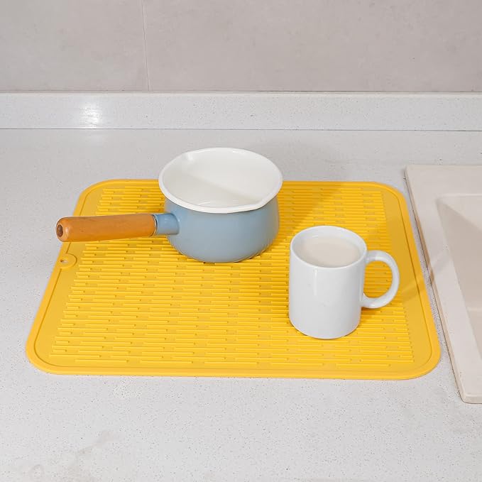 MicoYang Silicone Dish Drying Mat for Multiple Usage,Easy clean,Eco-friendly,Heat-resistant Silicone Mat for Kitchen Counter or Sink,Refrigerator or Drawer Liner Yellow XL 18 inches x 16 inches