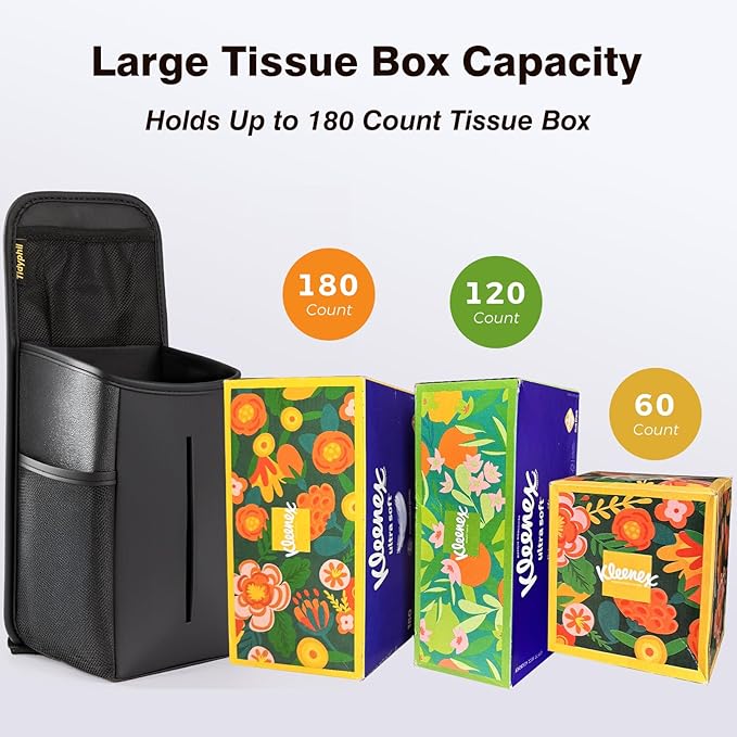 Car Tissue Holder, Rectangle Tissue Box Cover for 60/120/180 Count Kleenex Tissue Boxes, Car Storage Organizer Front Seat with Napkin Holder and 3 Pockets,Seat Side Car Organizer for Cars,SUVs,Trucks
