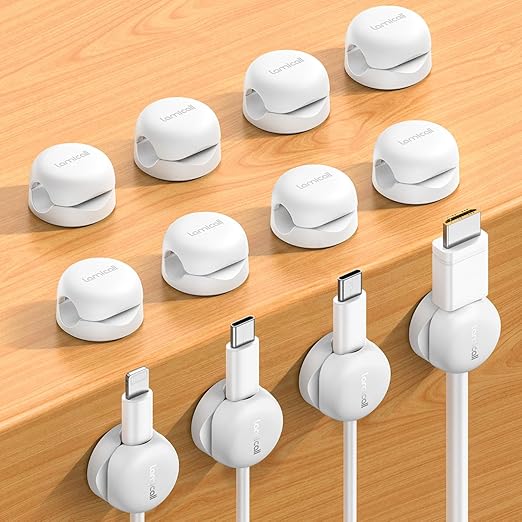 Lamicall Spring Cord Organizer, Office Desk Accessories - 12-Pack Compact Desk Cable Management Holder Clips, Nightstand Phone Charging Cord Holder, 8mm Slot Adhesive Wire Organizer, White