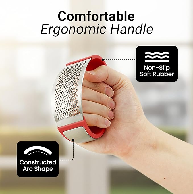 Zulay Kitchen Stainless Steel Garlic Press Rocker Set - Premium Garlic Mincer Garlic Crusher - New Innovative Garlic Crusher with Peeler and Scraper - Comfortable Grip (Red)