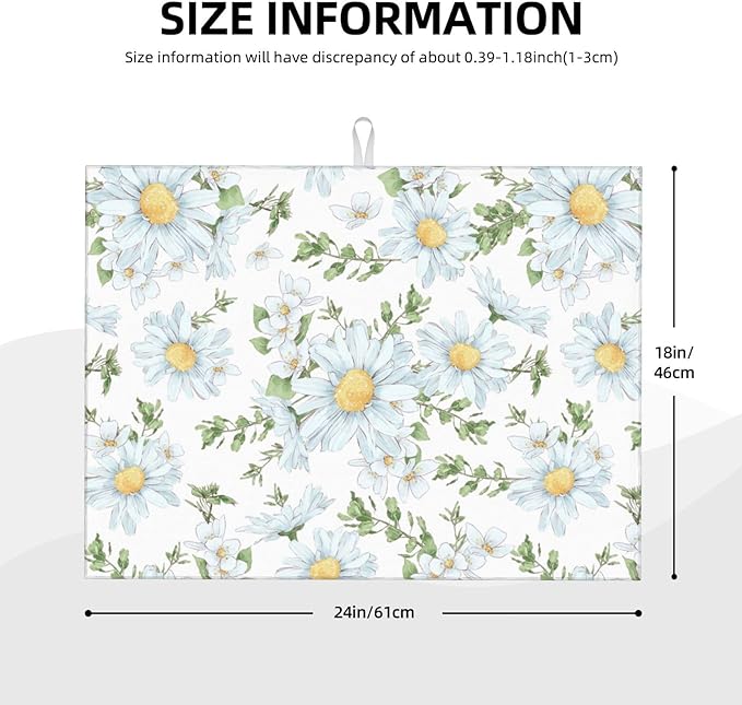 Watercolor Daisy White Dish Drying Mat for Kitchen Counter, Microfiber Absorbent Dish Draining Mat, Large Kitchen Drying Mat Heat Resistant Drying Pad for Dishes Utensils Countertops Sinks 18x24 Inch
