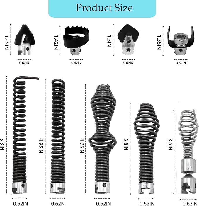 10Pcs Drain Snake Drill Attachment， Drain Auger Cutter Kit, Fit K-400 C-4 C-6 C-7 C-8 C-9 Cleaning Machines, 5/8 Inch Cable Heads for 5/16" 3/8" Drain Clog Remover