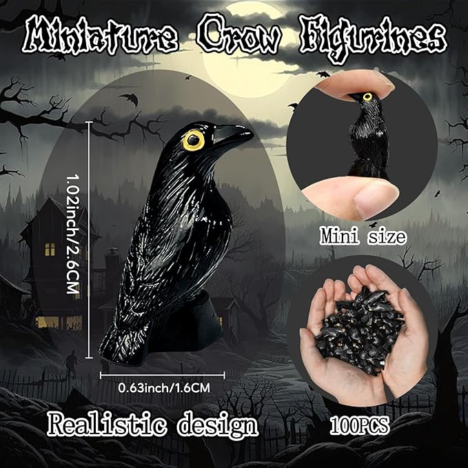 100 Pcs Miniature Crow Figurines, Mini Resin Crows Figures, Tiny Black Raven Decor for Home Garden, Micro Landscape, and Halloween Scene Decoration (100)