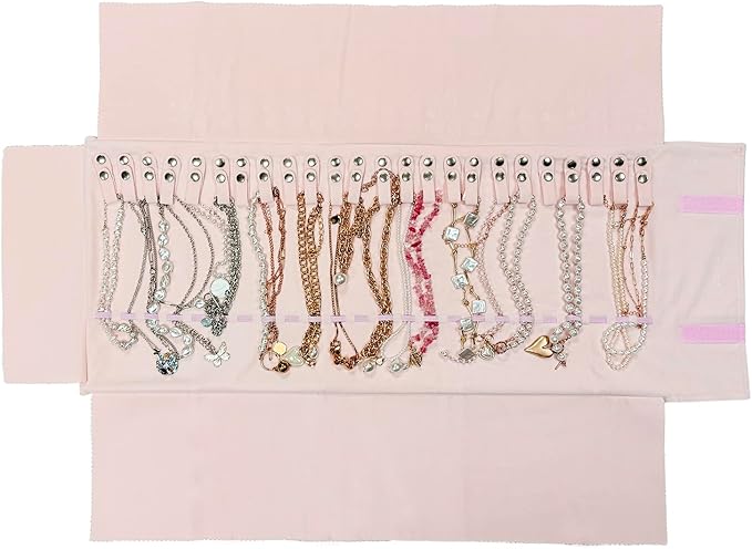 UnionPlus Velvet Travel Jewelry Roll Bag Organizer for Necklace, Elastic Band and Anti-winding, Large, Pink