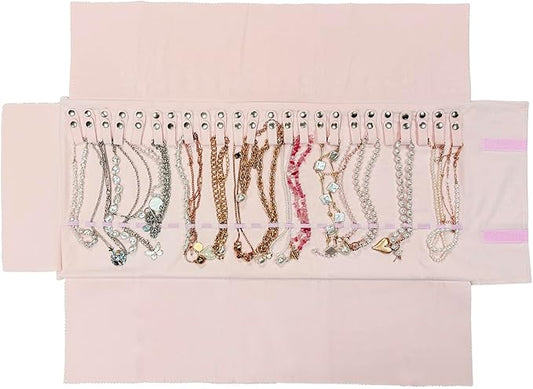 UnionPlus Velvet Travel Jewelry Roll Bag Organizer for Necklace, Elastic Band and Anti-winding, Large, Pink