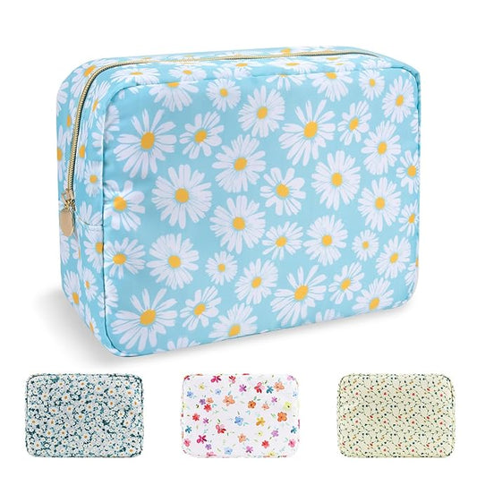 Waterproof Large Floral Makeup Pouch,Nylon Travel Toiletry Storage Purse Preppy Cosmetic Bag for Women Girl,Large Capacity Makeup Organizer Zipper Pouch for Work(L Blue-Daisy)
