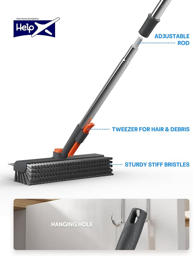 HelpX Floor Scrub Brush with Long Handle, 3 in 1 Multi-angle Swivel Right Angled Bristle Floor Scrubber Brush with Squeegee and Tweezer for Cleaning Tile Wall Deck Bathroom Patio Garage Kitchen (Grey)