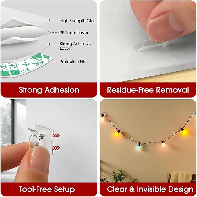 120PCS Heavy-Duty Adhesive Cable Clips, Clear Traceless Cord Organizer & Wire Holders for Wall, Desk, Car, LED Strips and Outdoor Lights (Small)