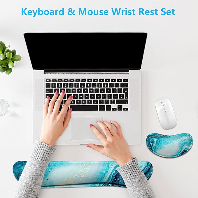 Dapesuom Enlarge Keyboard Wrist Rest, Memory Foam Wrist Cushion for Desk Mats Support, Cute Marble Pain Relief Keyboard Mouse Pad Rests Set with Non-Slip Base for Gaming Laptop Office Computer, Blue