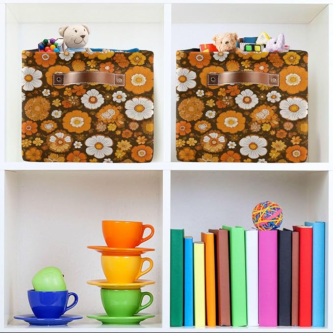 Aslsiy Storage Basket Orange 60s 70s Style Nursery Bins Retro Floral Baby Box Canvas Clothes Shelf Basket Laundry Hamper Gift Baskets for Home Closet 1 Pcs