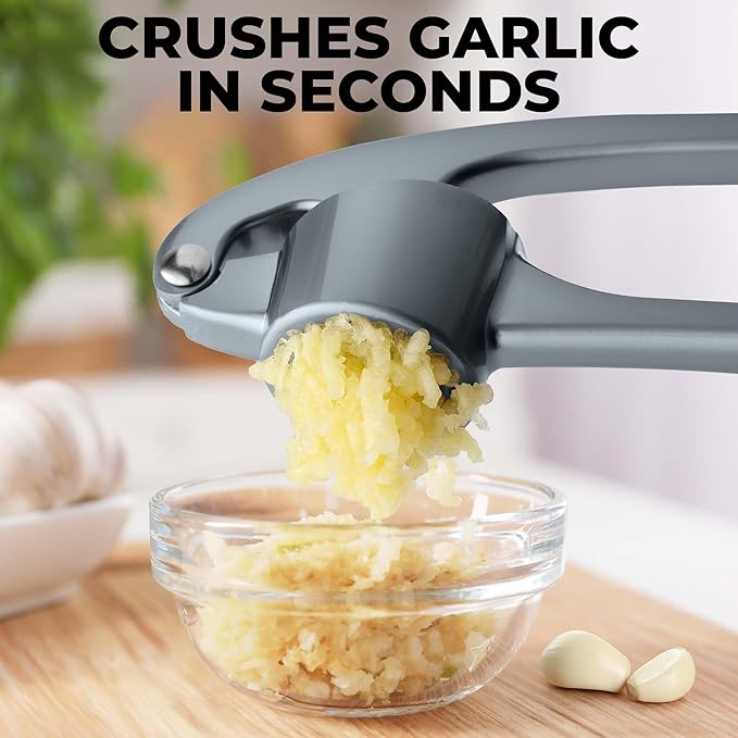 Zulay Kitchen Large Premium Garlic Press Set - Bigger Bowl for Bigger Garlic - Rust Proof & Dishwasher Safe Garlic Mincer Tool - Easy-Squeeze, Easy-Clean Silicone Garlic Peeler & Brush (Slate)