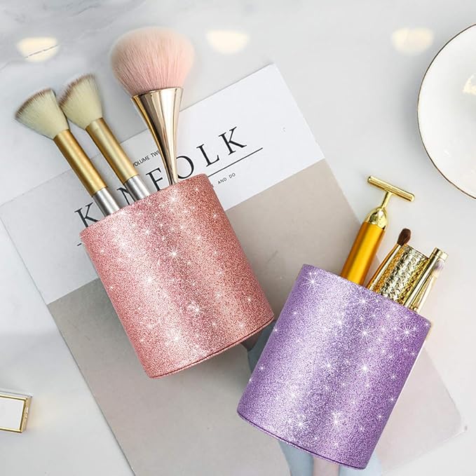 WAVEYU Pen Holder for Women Girls, Pencil Cup Desk Glitter Sturdy Makeup Brush Holder Large Pu Leather Luxury Multi-Functional Organizer Cup for Office, Classroom, Home, Purple