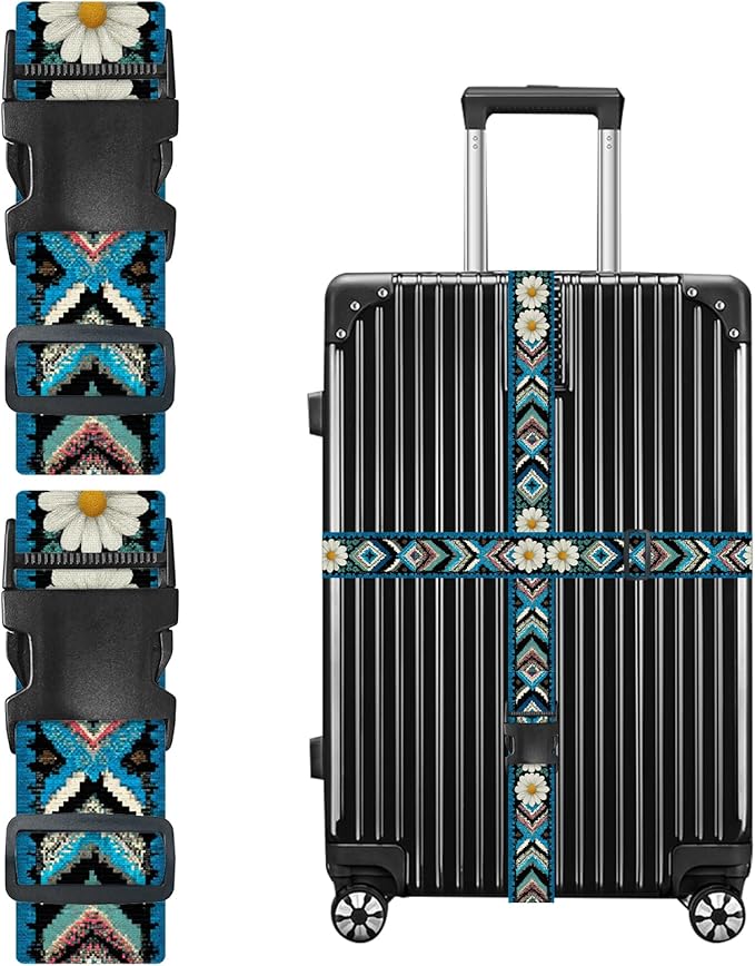 Nuxovilar Luggage Straps of 2 Set Ethnic Style & Daisies Pattern, 1.96x90.5 inches - Luggage Straps for Suitcases, Great for Cultural Trips, Outdoor Events, Daily Travel