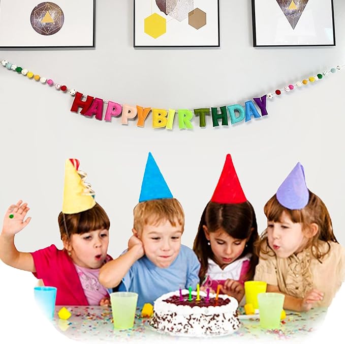 Pre-Strung Happy Birthday Banner - Handmade Felt Letters & Balls, Reusable Colorful Felt Ball Garland, Personalized Birthday Sign for Home Wall Mantles Decor Kids Rainbow Party Decorations