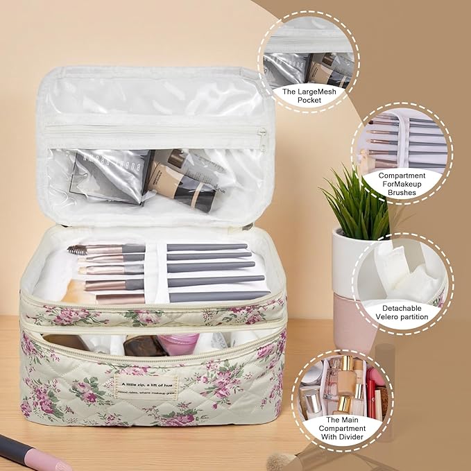Large Quilted Makeup Bag, Large Floral Cosmetic Bag for Women, Cute Cotton Makeup Bags, Flower Travel Toiletry Organizer Bag (Pink Flowers)