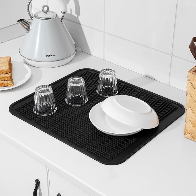 MicoYang Silicone Dish Drying Mat for Multiple Usage,Easy clean,Eco-friendly,Heat-resistant Silicone Mat for Kitchen Counter or Sink,Refrigerator or Drawer Liner Black 2XL 24 inches x 18 inches