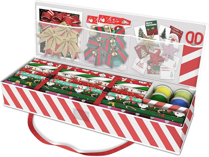 Safana Wrapping Paper Organizer Storage Bag, 42" Durable 600d Oxford Christmas Gift Wrapping Organizer Box Under Bed Storage Containers for Decorations Paper Rolls, Ribbons, Balls, Bows (Red Stripe)