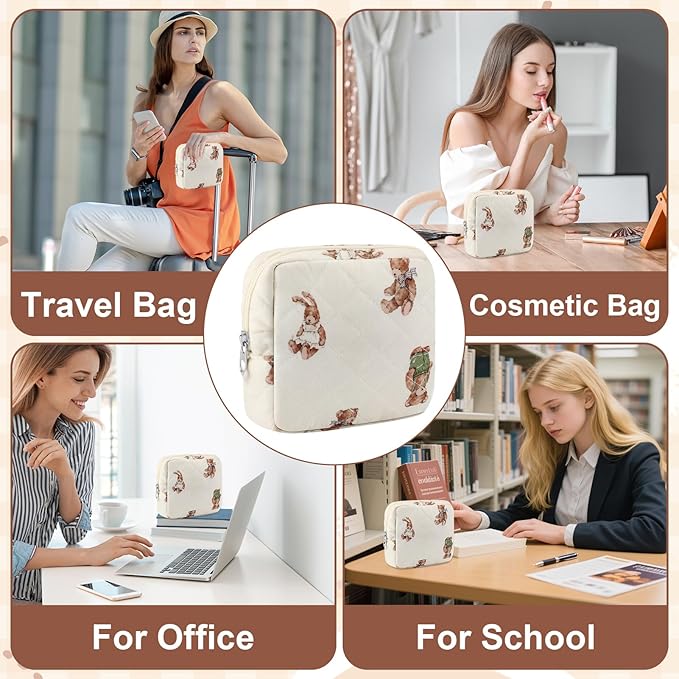 Small Quilted Cotton Makeup Bag for Purse Mini Cosmetic Period Bag for Women Cute Small Bear Makeup Sanitary Pouch Portable Travel Toiletry Bags with Zipper Christmas Birthday Gifts
