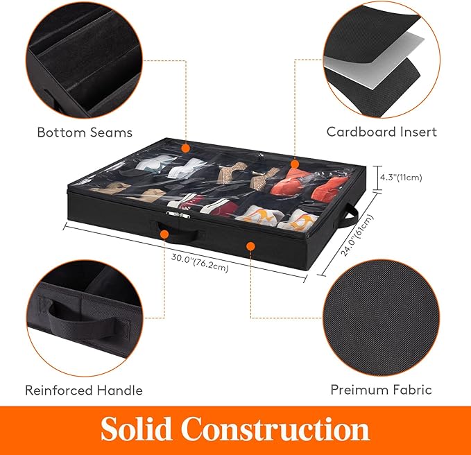 Lifewit Under Bed Shoe Storage Organizer 1 Pack (12 Pairs), 4.3" Tall Fabric Shoes Container Box, Foldable Closet Shoe Bag with 2 Reinforced Handles and Clear Cover, Black