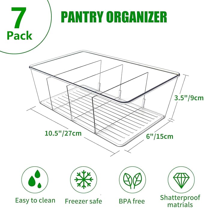 7 Pack Pantry Organizers and Storage,Clear Plastic Bins for Kitchen,Fridge,Refrigerator,Cabinet Organization and Storage,4 compartment Snack Containers for Spice Packets,Tea bag
