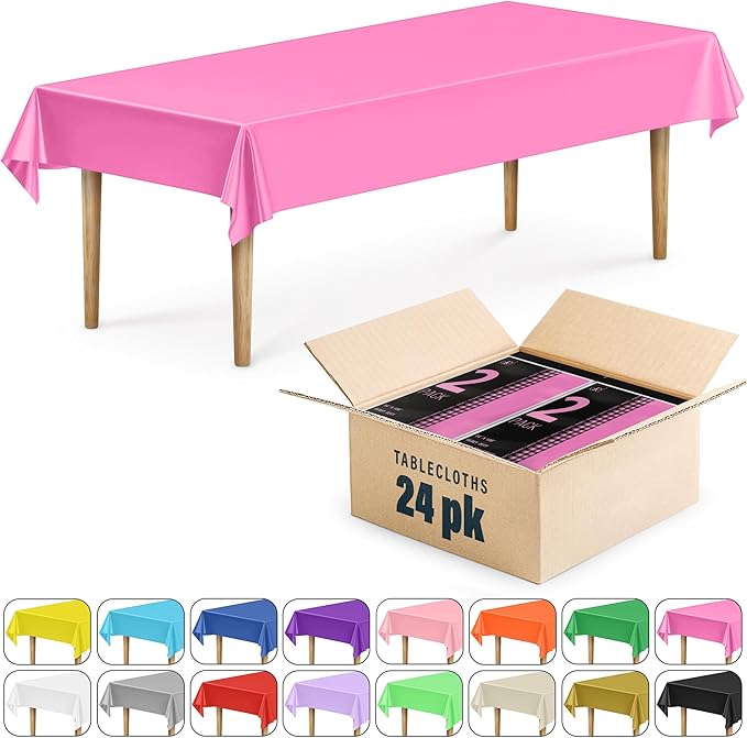 DecorRack 24 Pack Rectangular Tablecloths BPA-Free Plastic, 54 x 108 inch, Dining Table Cover Cloth for Parties, Picnic, Camping and Outdoor, Disposable or Reusable in Fuchsia Pink (24 Pack)