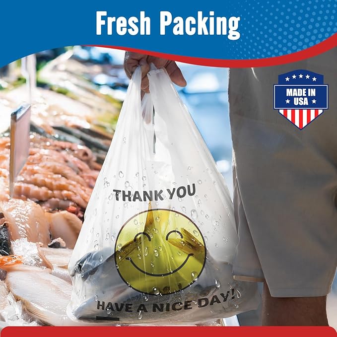 Fuxury 1000 Count Happy Smiling Face Thank You Plastic Bags (11.5 x 6.5 x 21) White, Have a Nice Day T-shirt Bags for Business, Grocery, Take Out, To Go, Retail Shopping in Bulk